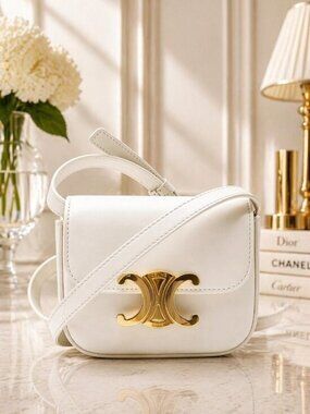 Authentic Celine Triomphe Small Shoulder Bag White Leather Gold Logo Crossbody